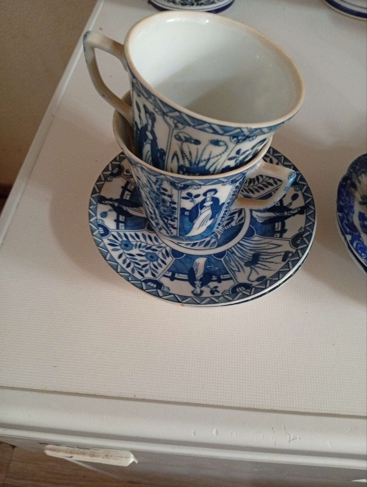 Antieke Chinese porseleinen kop en schotel, blauw-wit, Ophalen of Verzenden