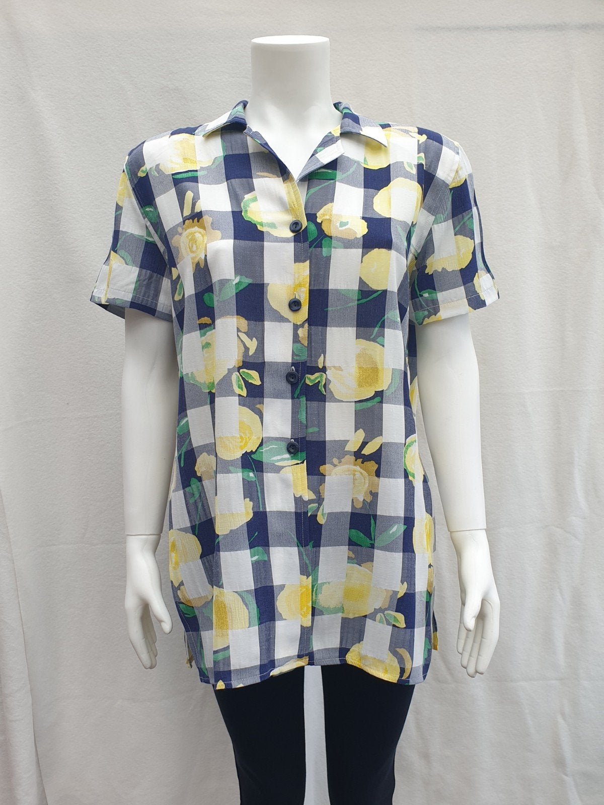 Vintage blouse, maat 40/L - geblokt - gele bloemen- 90's, Maat 38/40 (M), Overige kleuren, ., Ophalen of Verzenden