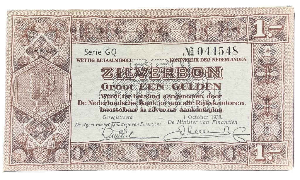 1 gulden zilverbon 1938 - UNC, Verzenden, 1 gulden