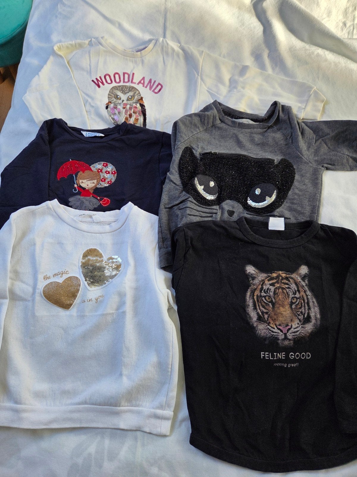6 Leuke truien en shirts voor meisjes, maat 110/116, Zara, Mayoral, H&M, Gebruikt, Meisje, Ophalen of Verzenden