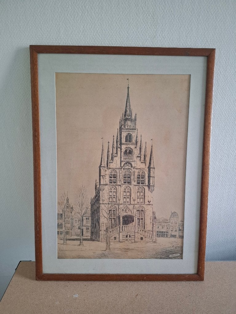 Stadsgezicht Gouda in lijst – gesigneerd, Antiek en Kunst, Ophalen of Verzenden