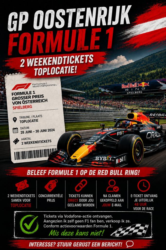 2 weekend tickets grand prix Oostenrijk, Twee personen, Juni