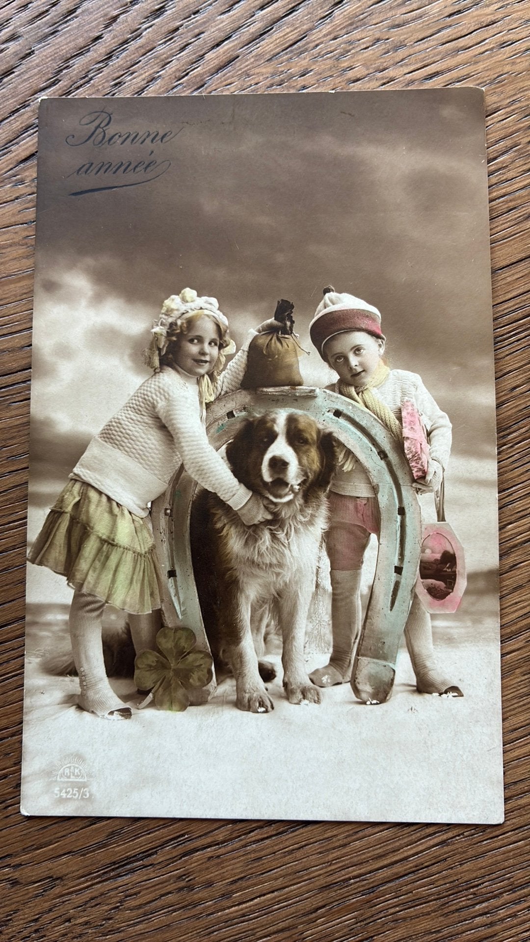 Nieuwjaar.Fotokaart.1914.Kinderen met hond.Zak geld,klaver., Verzamelen, Ophalen of Verzenden, Voor 1920, Gelopen, Kinderen