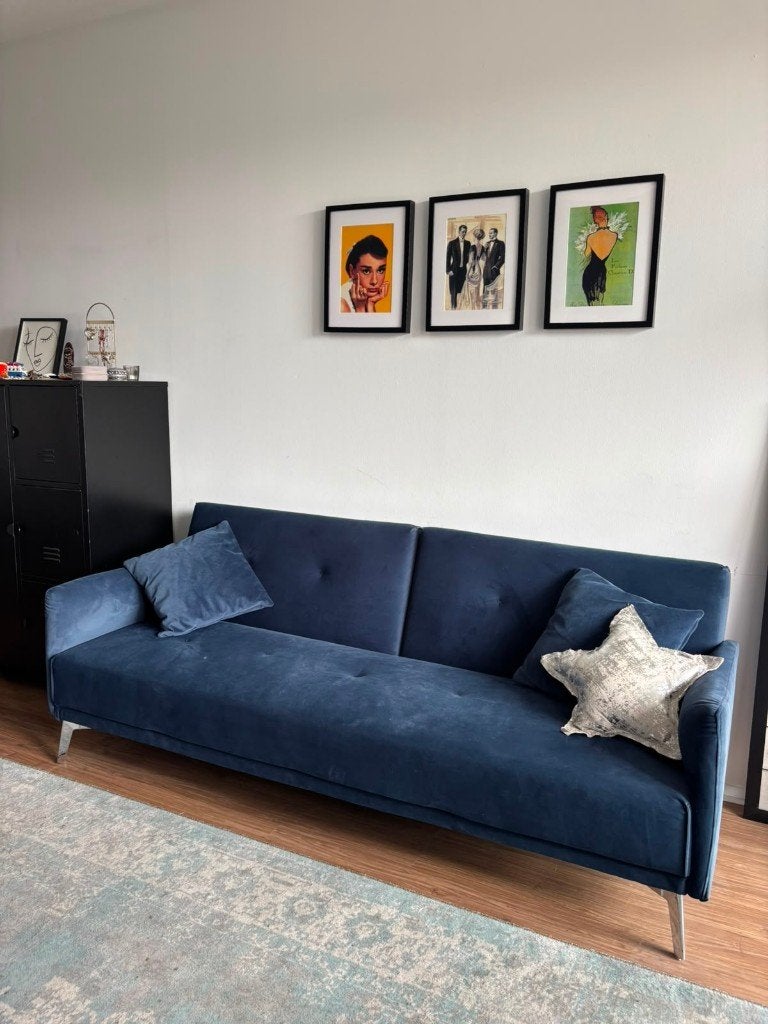 Fluwelen blauwe slaapbank, Huis en Inrichting, Slaapkamer | Slaapbanken, Ophalen, Blauw, Zo goed als nieuw, 200 cm