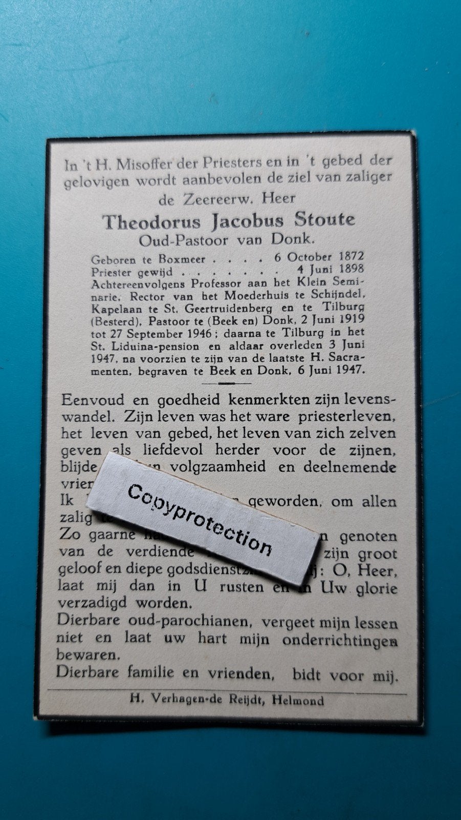 Theodorus Jacobus Stoute, Boxmeer 1872, +Tilburg 1947, Verzamelen, Verzenden, Bidprentje