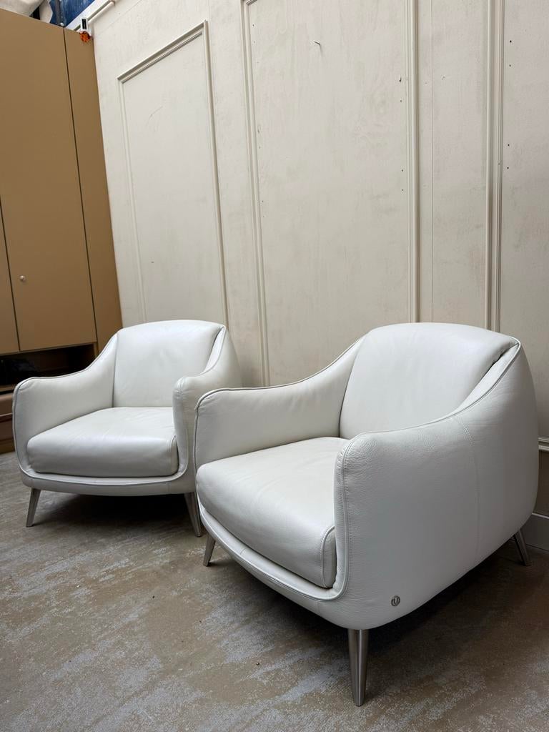 Set van 2 Natuzzi Platea design fauteuils - Wit leer, Ophalen of Verzenden, Zo goed als nieuw, Leer, 75 tot 100 cm