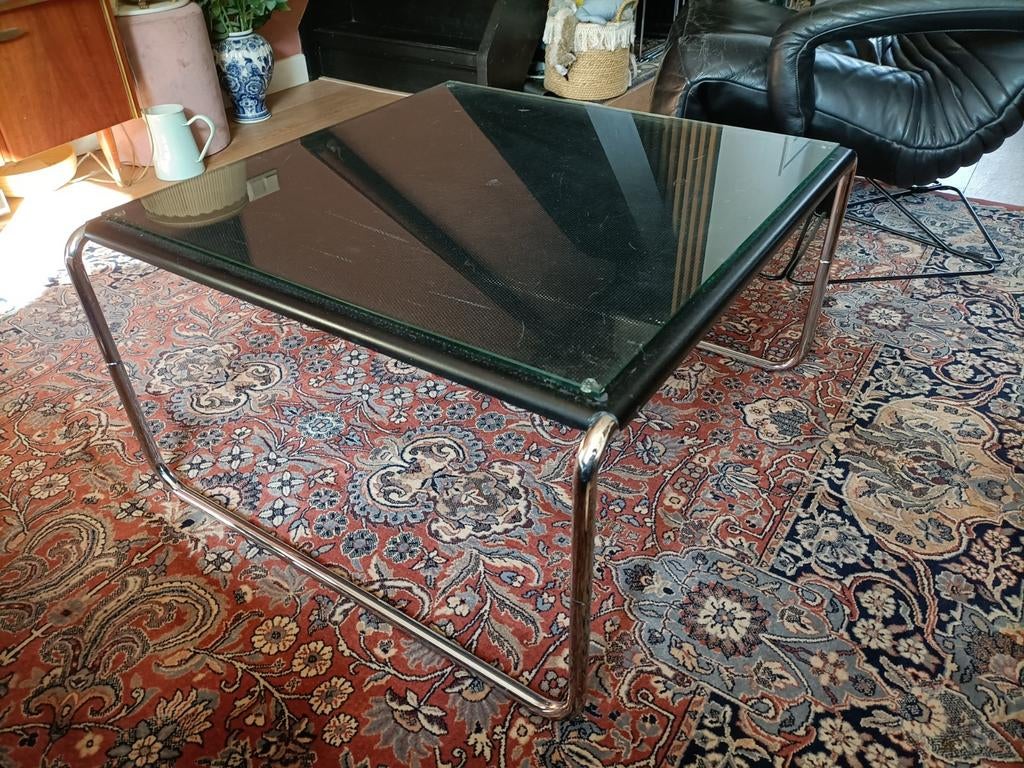 Mooie jaren '70 salontafel metaal+glas. (Gispen stijl), Ophalen, Gebruikt, 50 tot 100 cm, 50 tot 100 cm