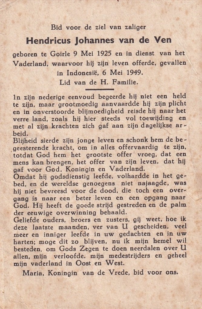 Ven Hendricus 1925 Goirle 1949 Indonesië vaderland gevallen, Verzamelen, Ophalen of Verzenden, Bidprentje
