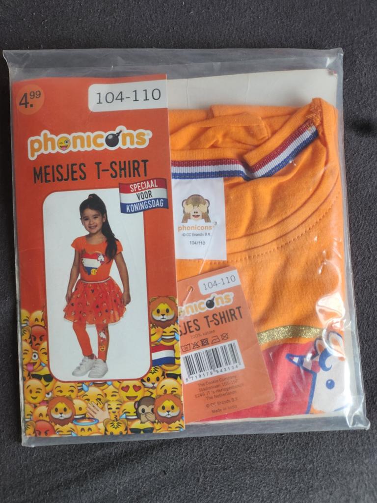 Oranje Phonicons shirt 104-110 NIEUW (hart), Kinderen en Baby's, Kinderkleding | Maat 104, Ophalen of Verzenden, Nieuw, Meisje