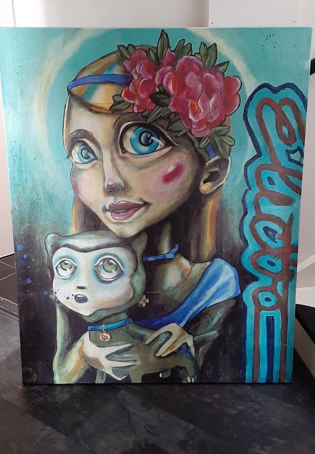 Coco Electra Canvas Schilderij - Meisje met Kat, Antiek en Kunst, Ophalen, Figuren, Textiel, Handgeschilderd