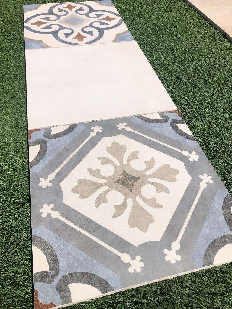 Keramische terrastegels met decortegel 60x60x2 cm 1 ste keus, Keramiek, Nieuw, Ophalen of Verzenden, 10 m² of meer
