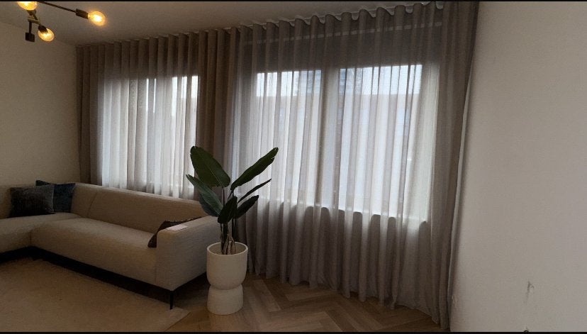 Licht taupe vitrage wave ‘nieuw’, 200 cm of meer, Nieuw, Ophalen of Verzenden, 200 cm of meer