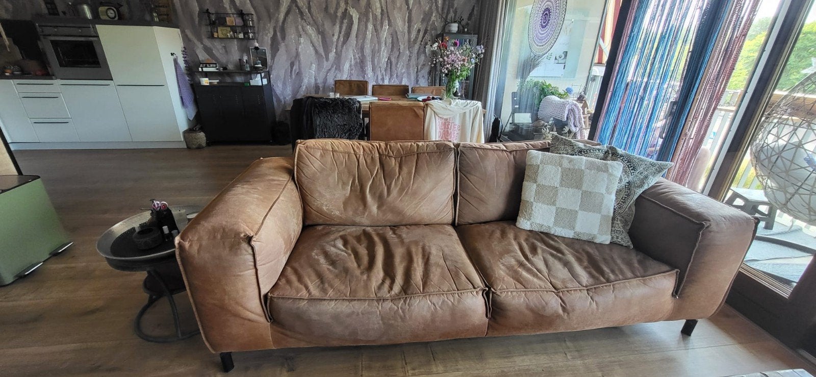 Comfortabele bruine leren bank met hooker, Huis en Inrichting, Ophalen, Gebruikt, Modern, industrieel, comfortabel, Driepersoons