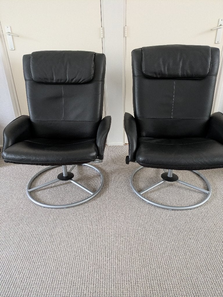 2 Vintage IKEA MALUNG Draaifauteuils – Zwart Leer, Huis en Inrichting, Ophalen, Gebruikt, 75 tot 100 cm, Leer