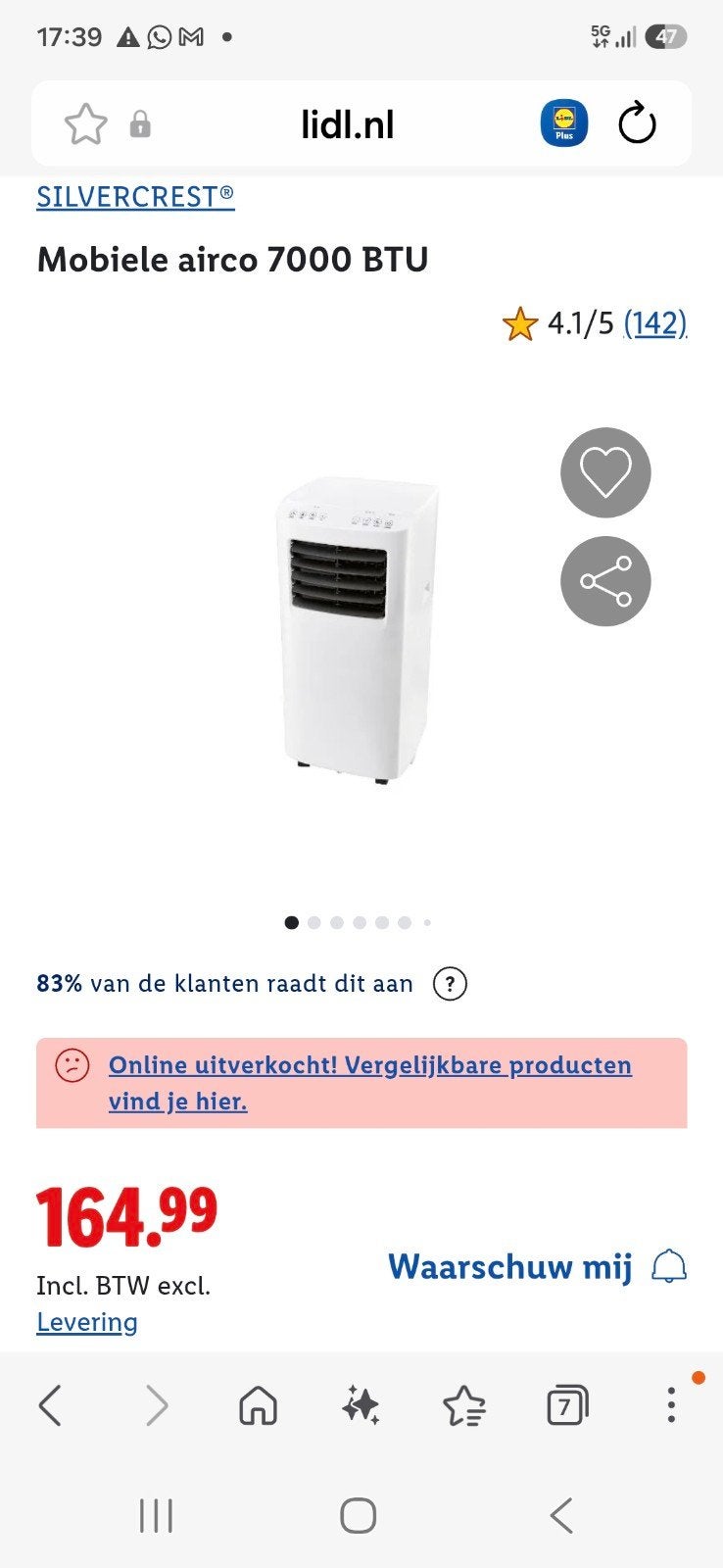 SilverCrest mobiele airco 7000 BTU inclusief slang en afsta, Ophalen, Minder dan 60 m³, 3 snelheden of meer, Zo goed als nieuw