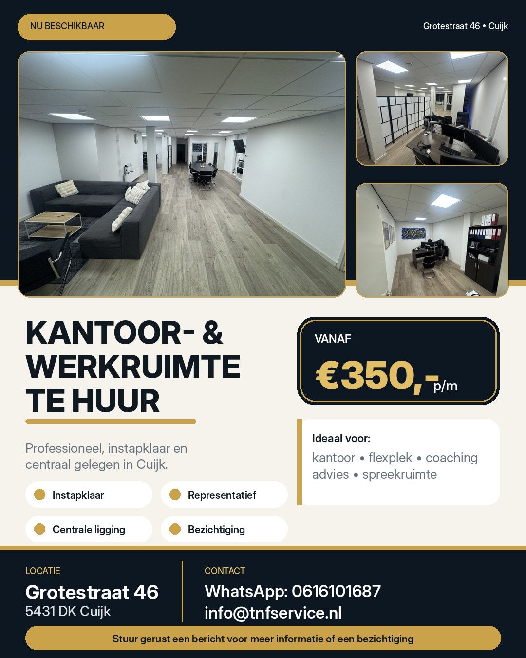 Kantoorruimte / werkplek hartje Cuijk vanaf €350 p/m, Huur, Kantoorruimte