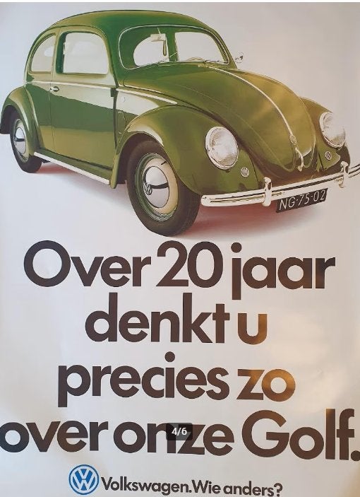 VW poster "Over 20 jaar denkt u precies zo over onze Golf, Rechthoekig Staand, Verzenden, Deurposter of groter, Zo goed als nieuw
