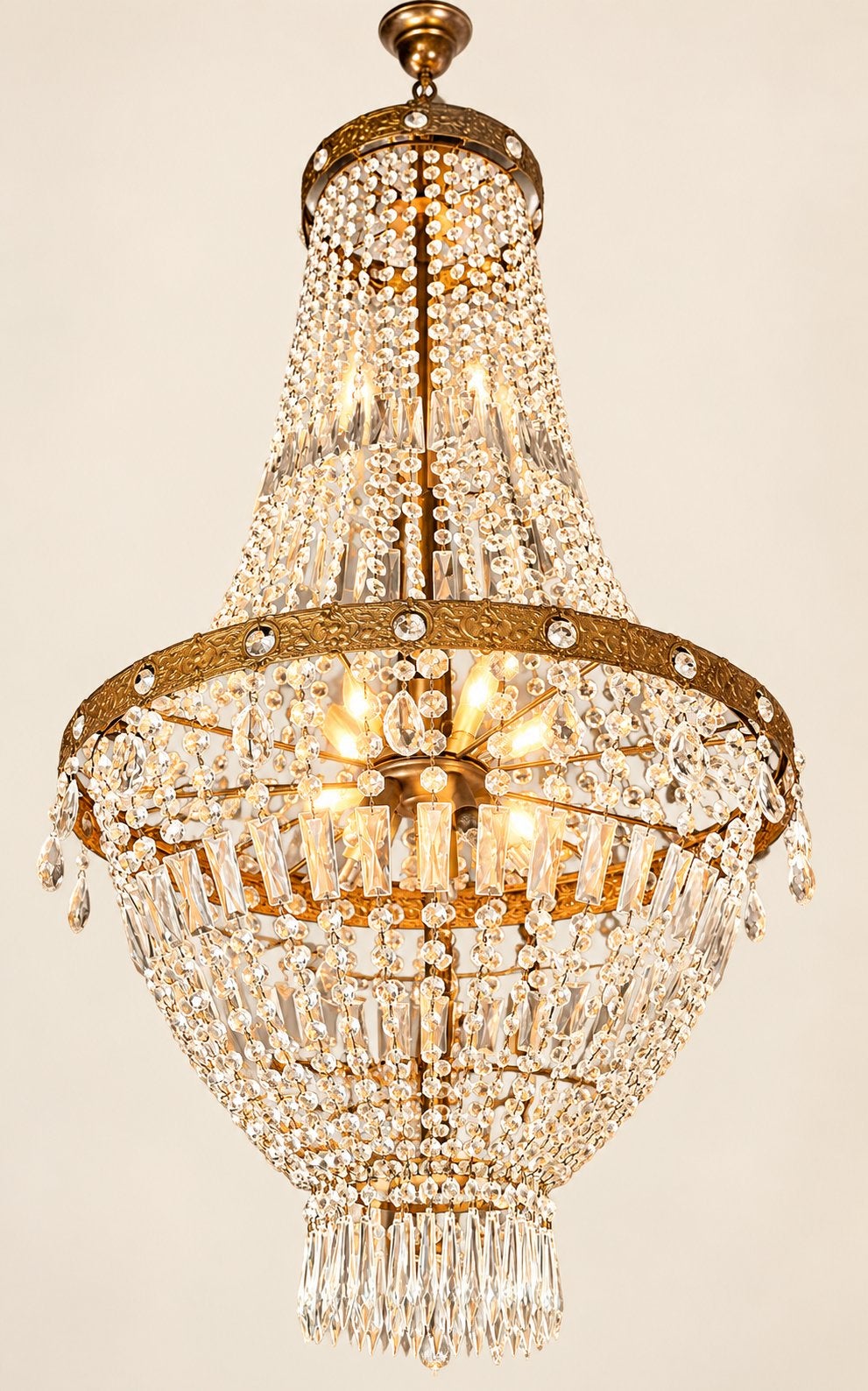 Antieke Bronzen Kristallen Kroonluchter – Hotel Chic, Ophalen, Gebruikt, Glas, Hotel chic antiek design