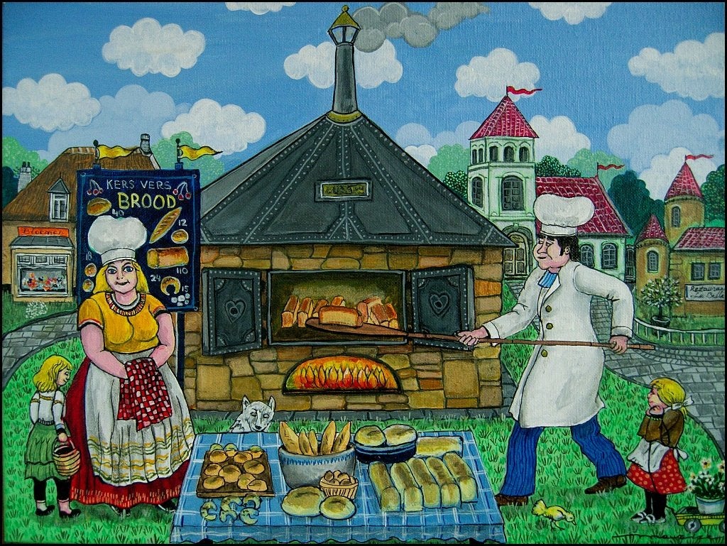 schilderij in naieve stijl van Maurice, Acrylverf, Overige stijlen, Gesigneerd, Overige onderwerpen