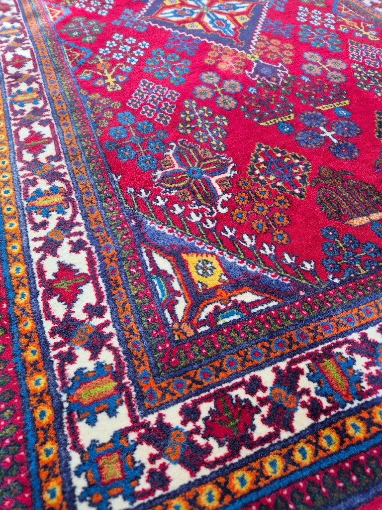 Schitterend vintage zuiver wollen Meymeh handgeknoopt tapijt, Gebruikt, 100 tot 150 cm, Geel, Ophalen of Verzenden