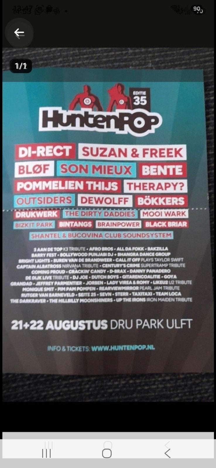 GEZOCHT: Huntenpopkaart voor zaterdag 22 augustus, Eén persoon