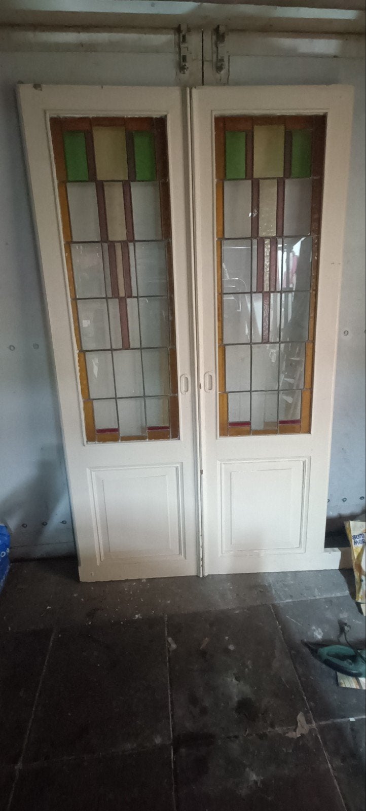 Antieke ensuite glas in lood schuifdeuren (1910), Ophalen, Gebruikt, Binnendeur, Schuifdeur
