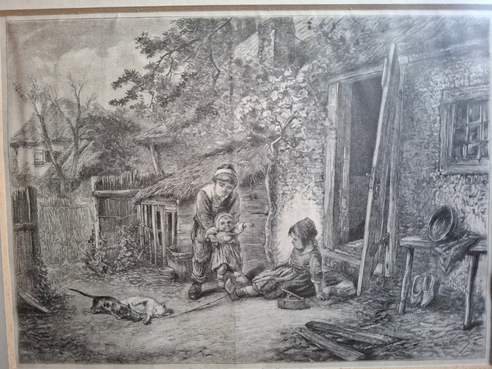 Antieke 19e-eeuwse gravure naar Mari ten Kate – kids met kat, Ophalen of Verzenden