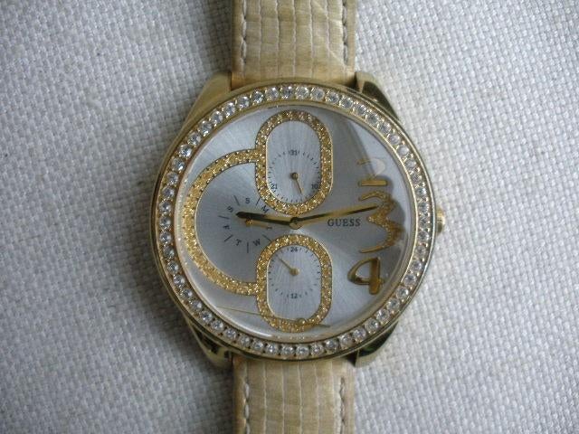 GUESS horloge goud met strass en beige leren bandje, Ophalen of Verzenden, Goud, Leer, Met strass