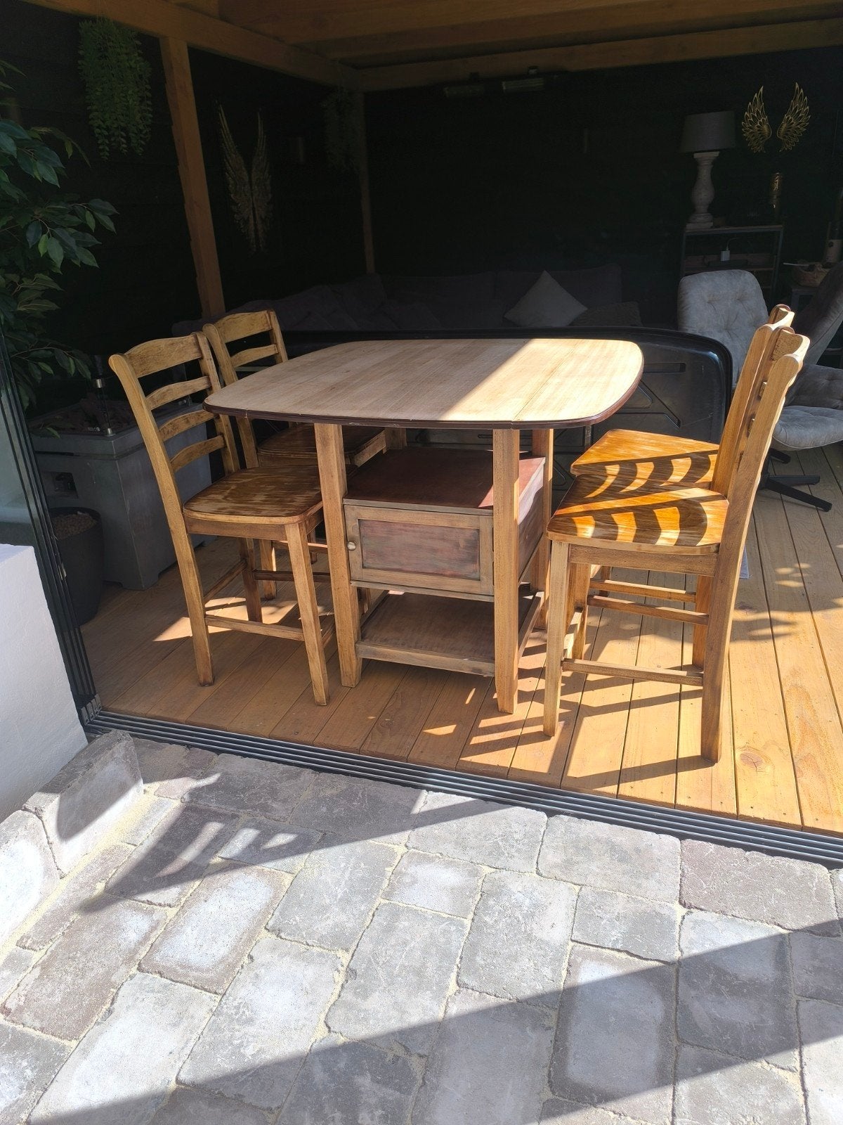 Houten bartafel (inklapbaar) met 4 stoelen, Ophalen, Gebruikt, 100 tot 150 cm, Rustiek