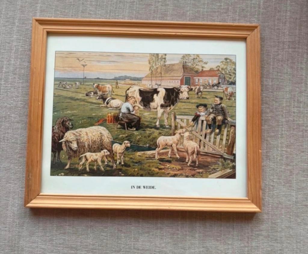Vintage ingelijste prent: 'In de Weide', Ophalen of Verzenden