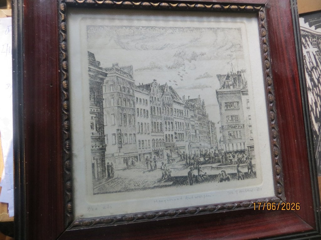 JOS JANSEN, Mooie zw-wit ets van de Hoogstraat te ANTWERPEN, Ophalen of Verzenden, Dagelijks leven, Ets, 1950 - 1999