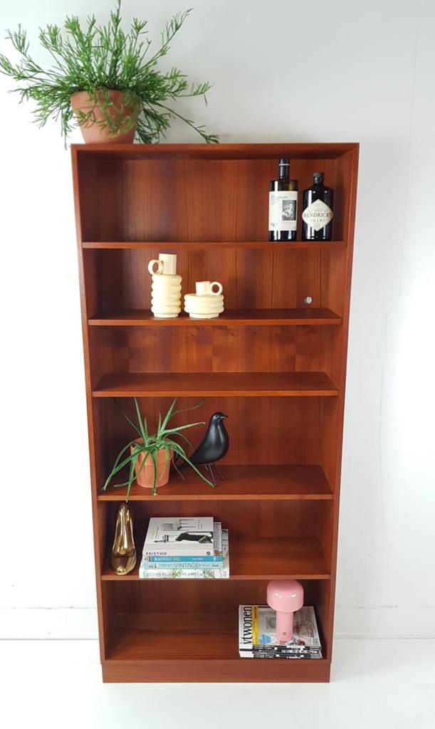 Vintage Deense teak houten boekenkast | hoge open kast, Ophalen of Verzenden, Huis en Inrichting