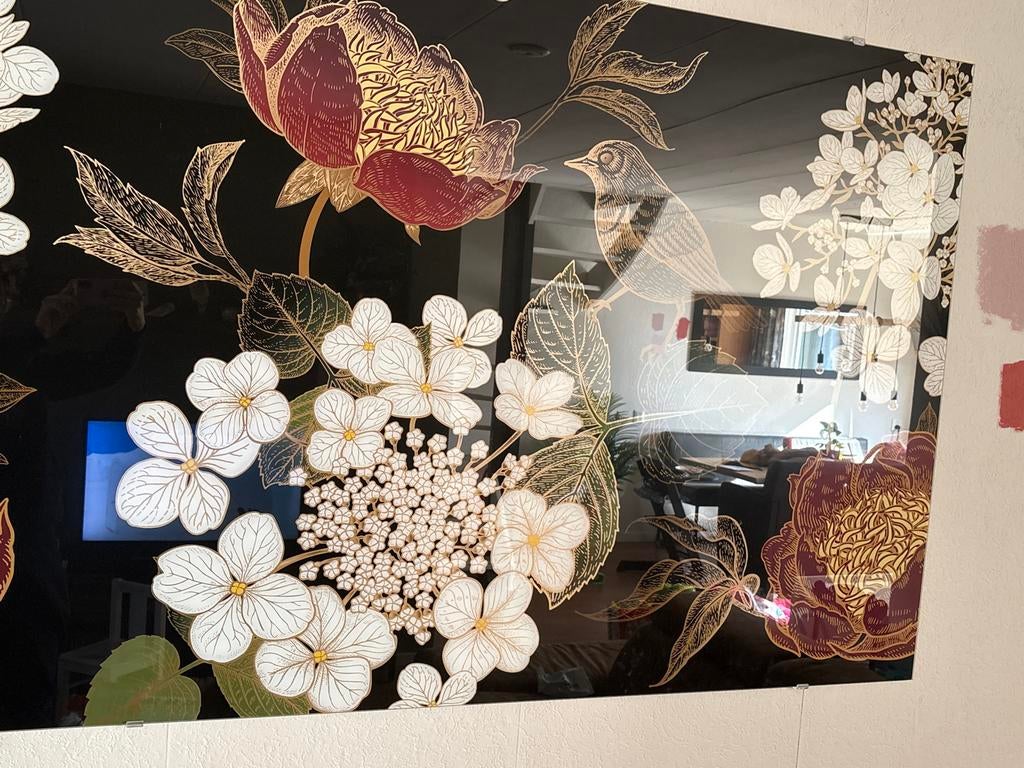 Prachtig Glasschilderij van Loods 5 - Bloemen en Vogel, Ophalen, 50 tot 75 cm, Zo goed als nieuw, Schilderij