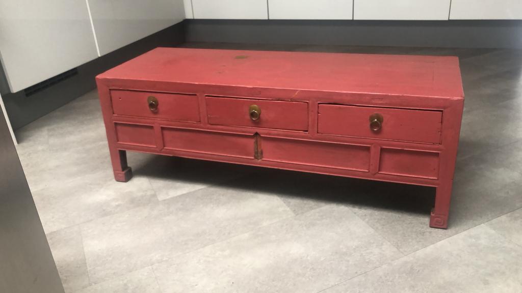 Vintage salontafel/kastje massief hout, terra roze met lades, Ophalen, Zo goed als nieuw, 25 tot 50 cm, 50 tot 100 cm