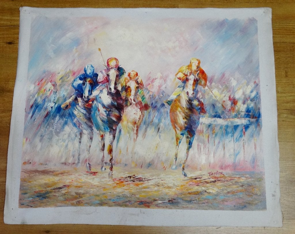 Vintage Schilderij paardenrace paarden polo olieverf doek, Ophalen of Verzenden