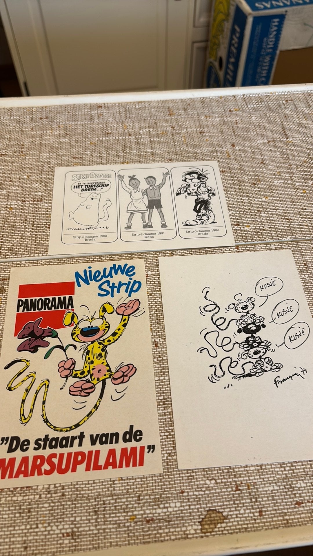 3x unieke vintage strip collectors Marsupilami / Franquin, Verzamelen, Stripfiguren, Ophalen of Verzenden, Zo goed als nieuw, Plaatje, Poster of Sticker