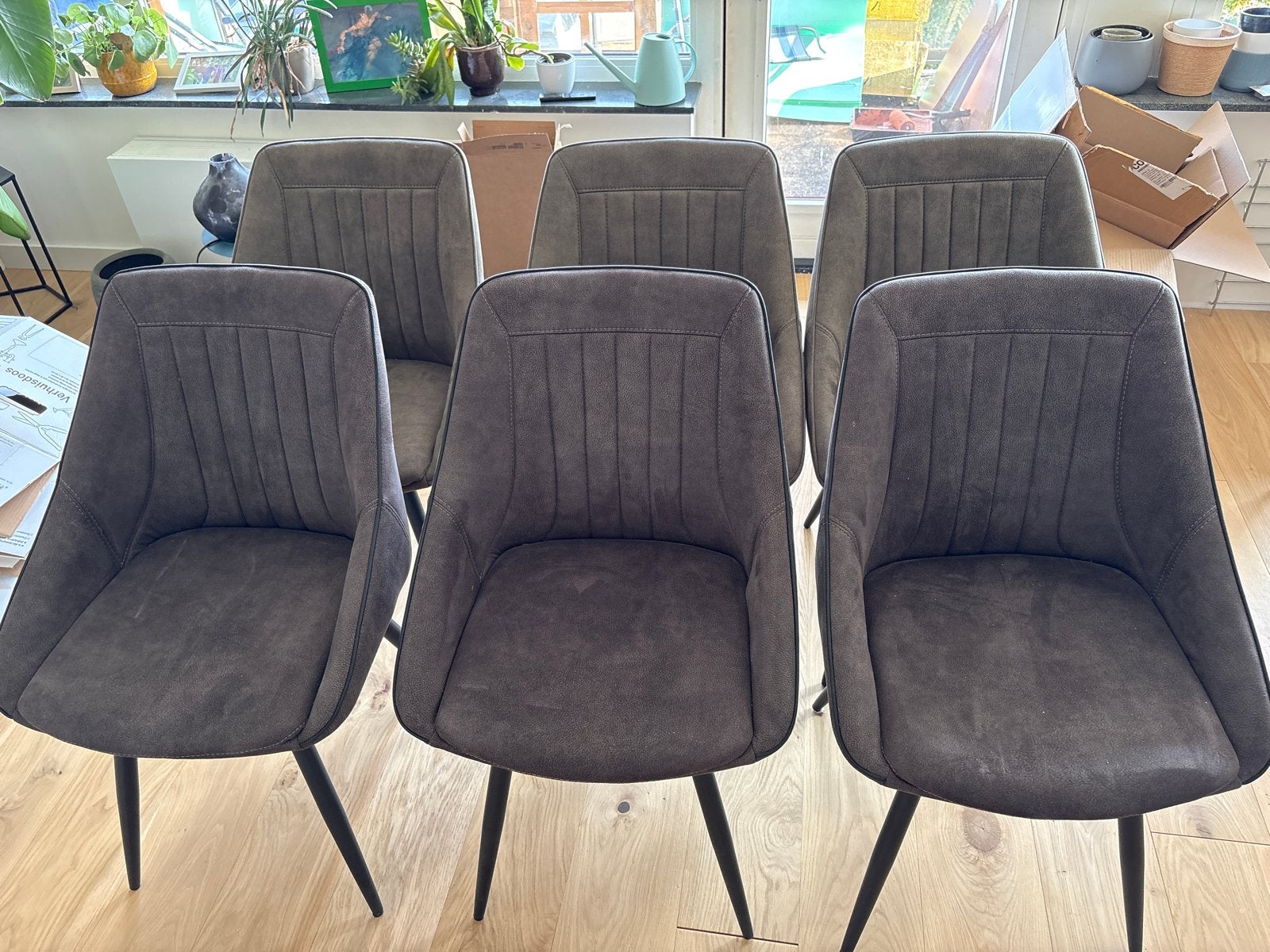6x Eetkamerstoelen Grijs en donker groen, Ophalen, Zo goed als nieuw, Vijf, Zes of meer stoelen, Stof