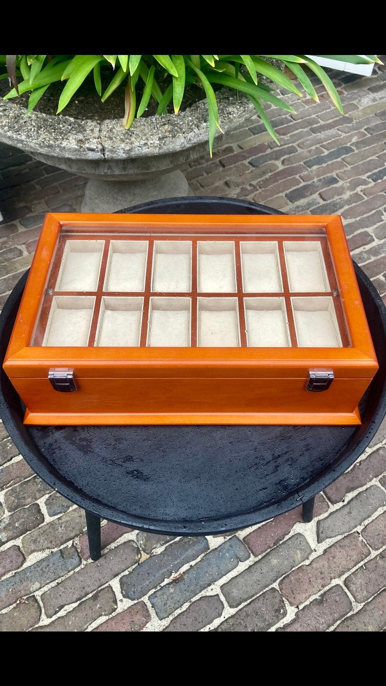 Mahonie houten Horloge Box met Seiko SQ100 Horloge, Ophalen, Seiko, Staal, Met bandje