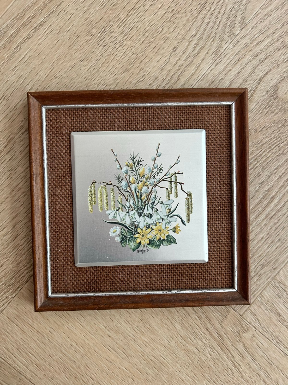 Vintage ingelijste bloemenprint op metaal, Minder dan 50 cm, Gebruikt, Oorspronkelijke maker, Ophalen of Verzenden