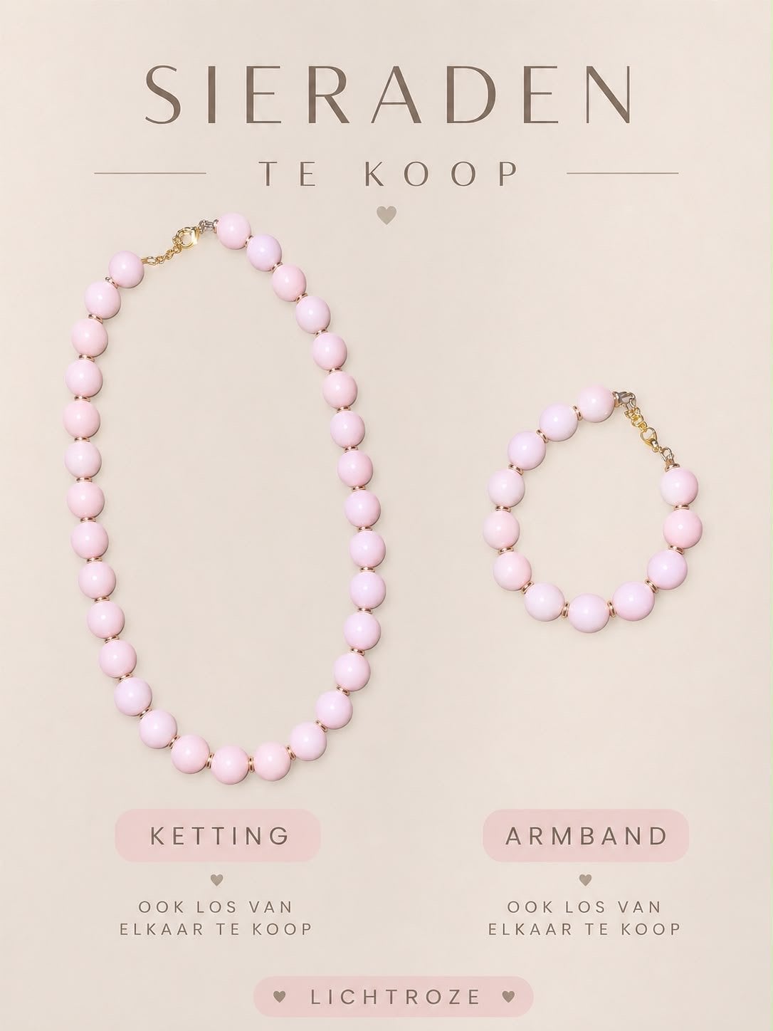 Lichtroze kralen ketting en armband set, Sieraden, Tassen en Uiterlijk, Kettingen, Ophalen of Verzenden, Gebruikt, Roze, Overige materialen