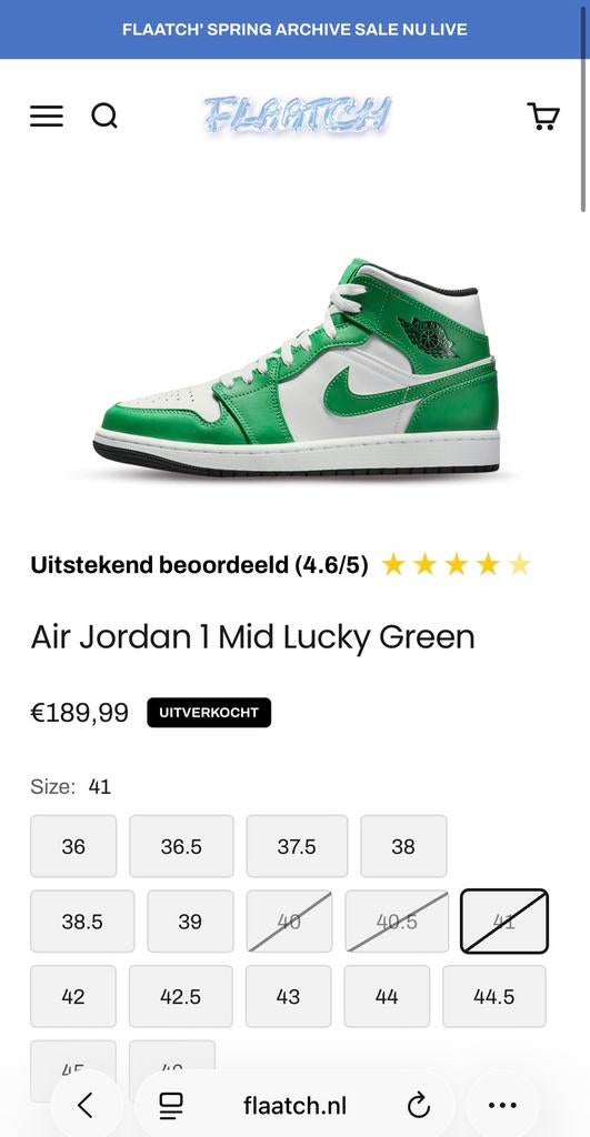 Air Jordan 1 Mid Lucky Green - Maat 41, Ophalen of Verzenden, Groen, Sneakers of Gympen, Zo goed als nieuw