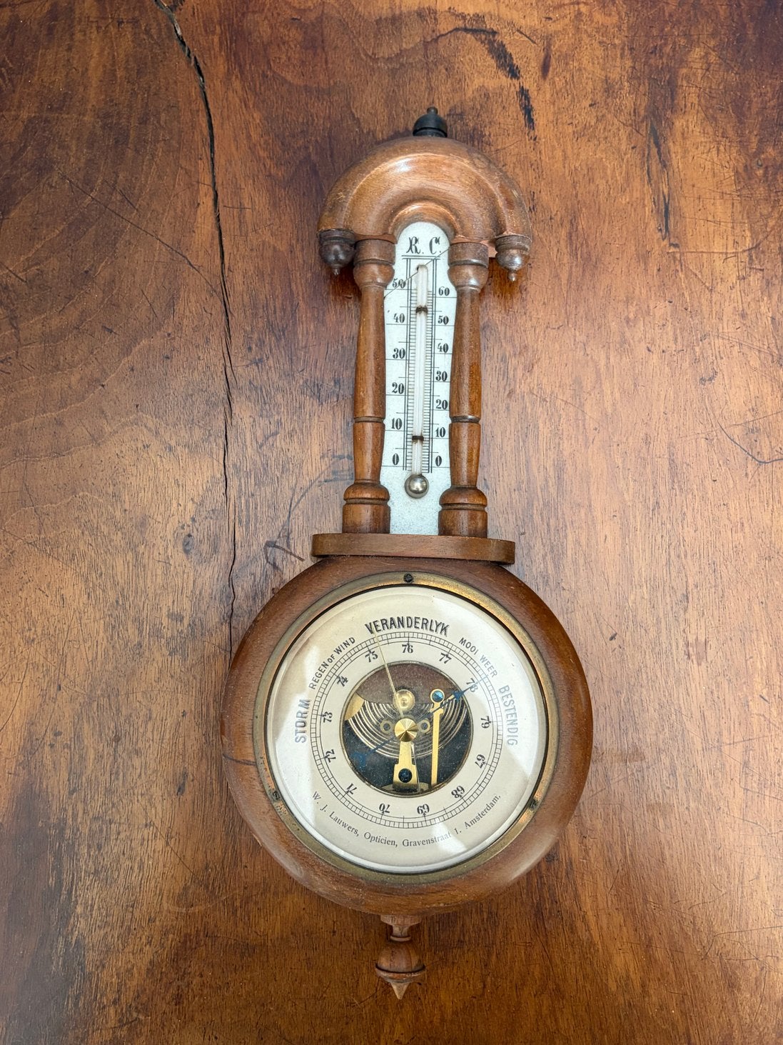 Antieke Barometer en Thermometer - Houten Weerstation, Ophalen, Gebruikt, Weerstation