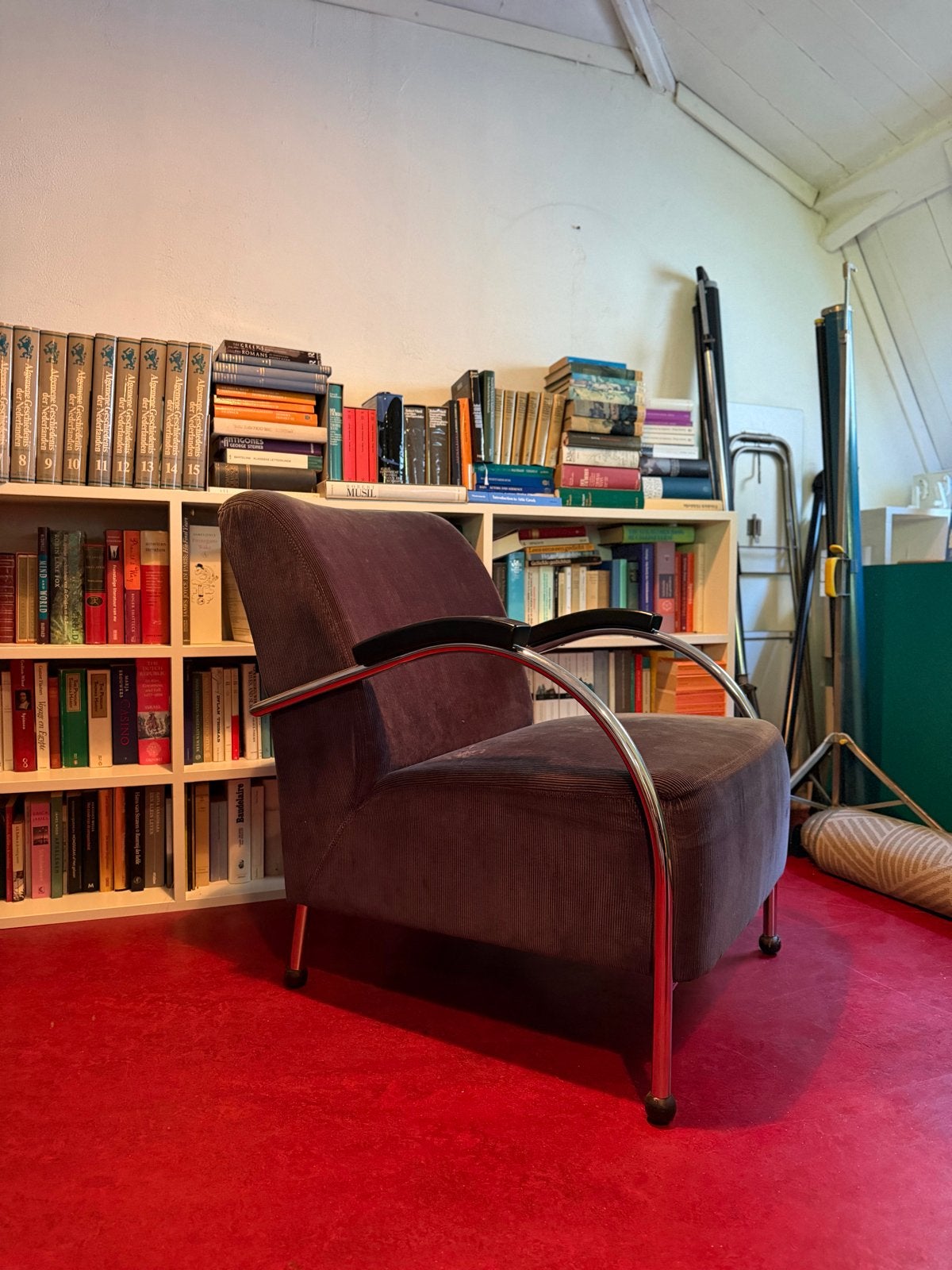 Comfortabele fauteuil met chromen armleuningen, Huis en Inrichting, Ophalen, Gebruikt, Eén, Stof