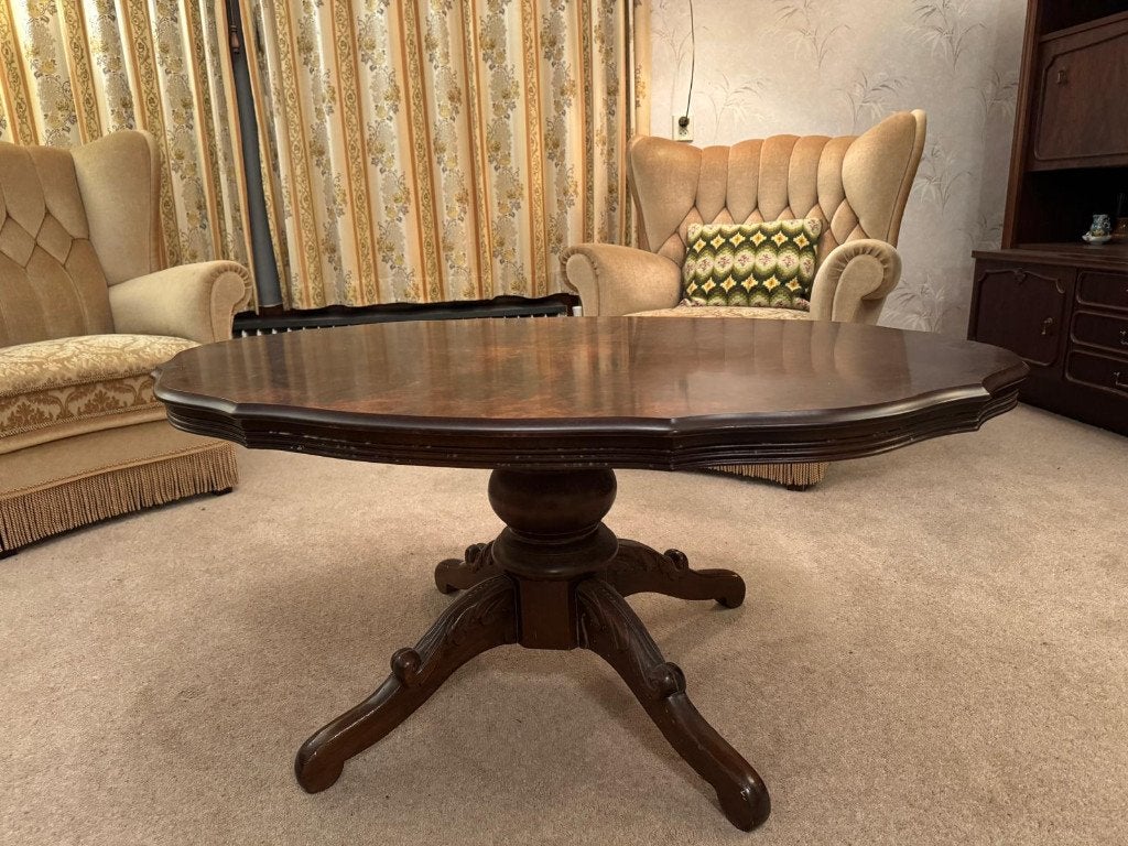 Puntgave klassieke kersenhouten salontafel, Ophalen, 100 tot 150 cm, 50 tot 100 cm, Zo goed als nieuw