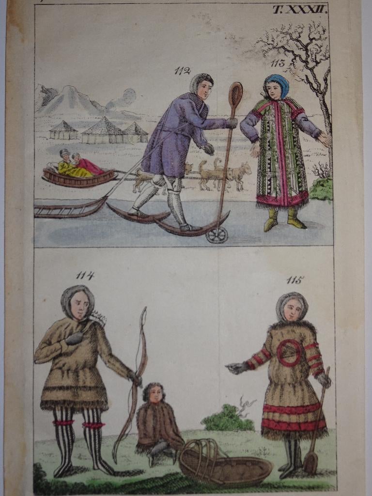 Kleuren gravures Russische schaatser, hondenslee JJ Schmuzer, Antiek en Kunst, Kunst | Etsen en Gravures, Verzenden