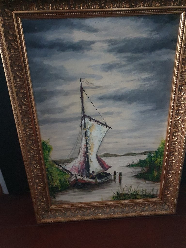 Sfeervol impressionistisch landschap met zeilboot–C. van Os, Ophalen of Verzenden