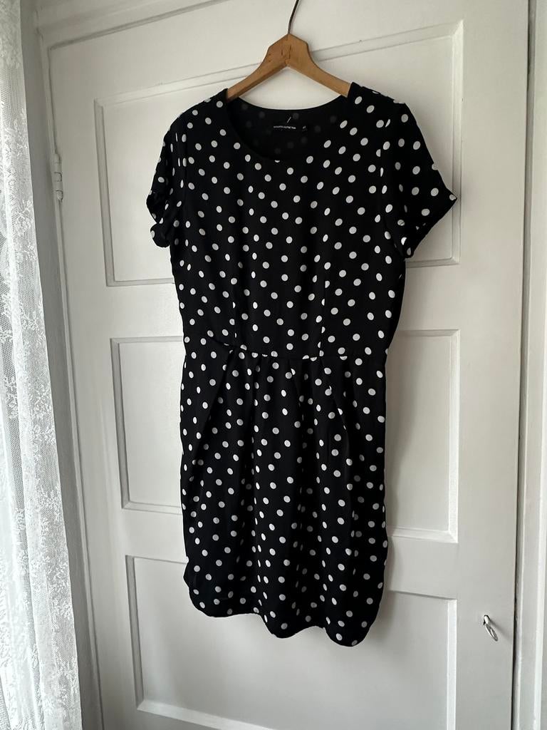 Nette chique zwart wit gestipte polkadot jurk Monoprix M L, Ophalen of Verzenden, Zo goed als nieuw, Maat 38/40 (M), Zwart