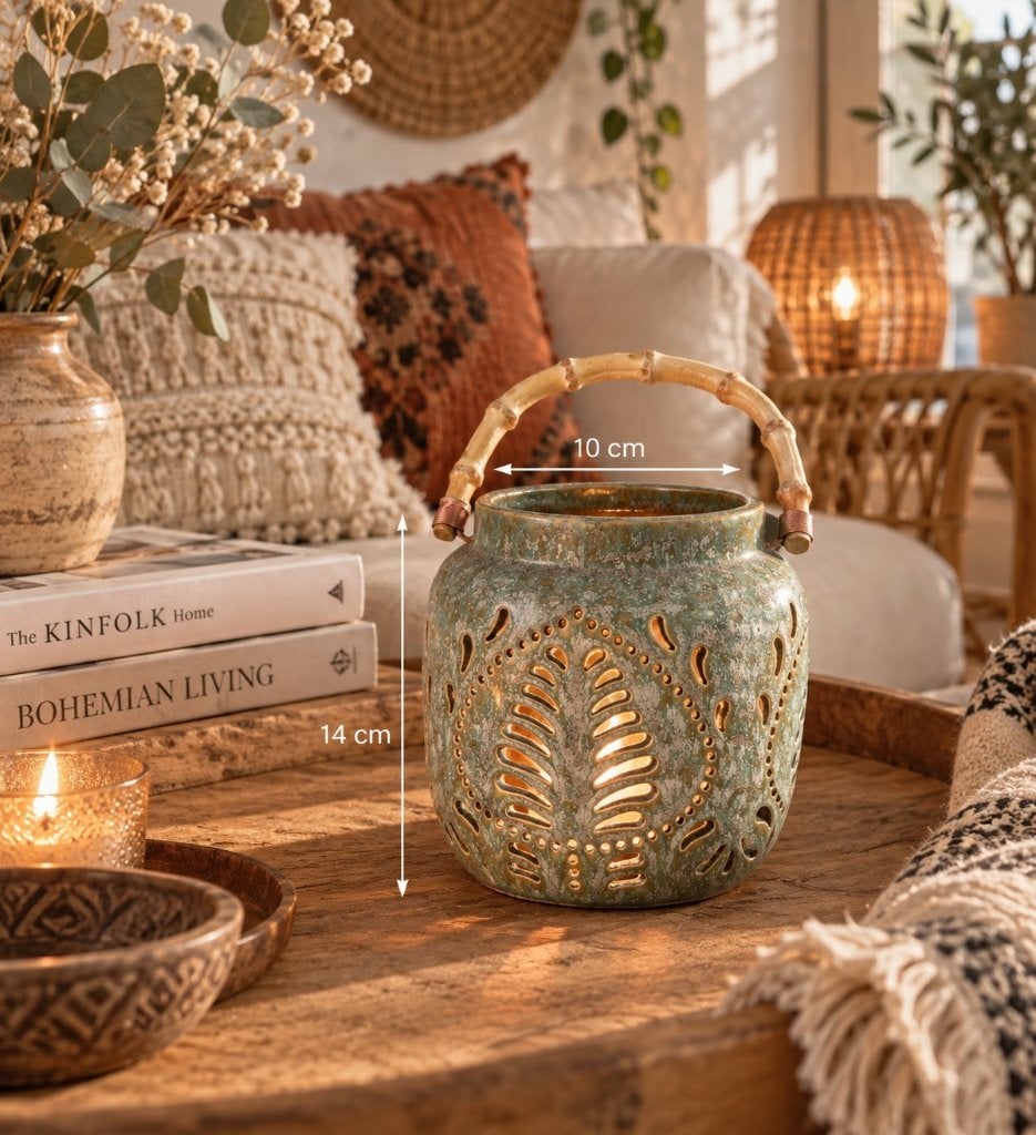 Decoratieve keramieken lantaarn / windlicht met bamboe, Overige materialen, Rond, Ophalen of Verzenden, Minder dan 40 cm