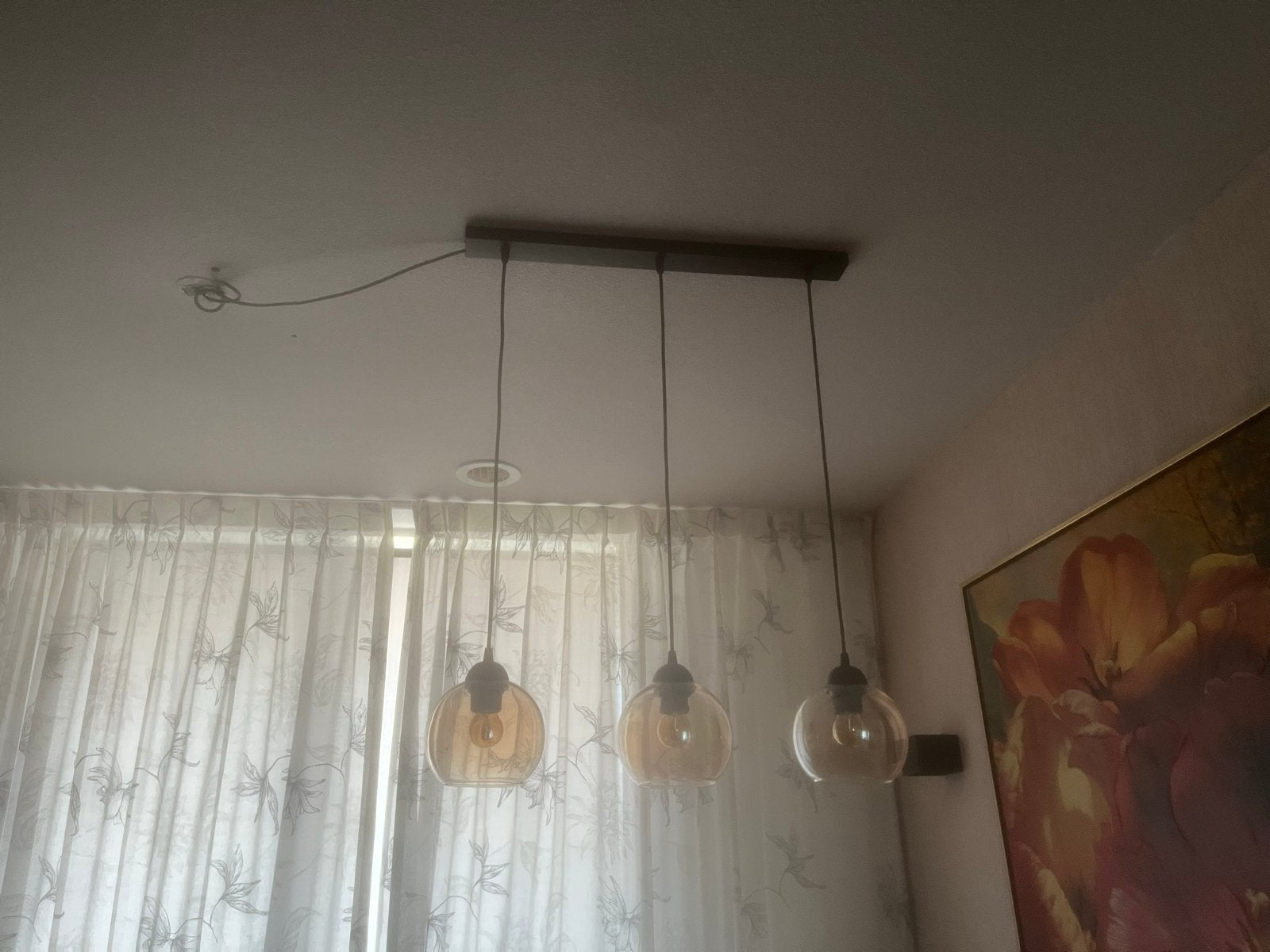 Moderne hanglamp met 3 glazen bollen, Ophalen, Gebruikt, Glas, E27 (groot)