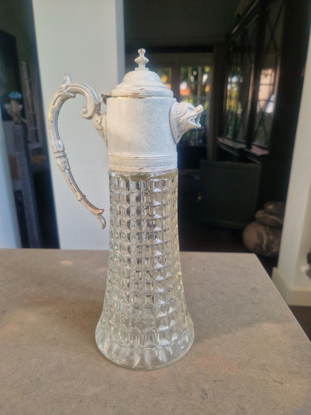 Vintage Glazen Karaf met Metalen Handvat en Tuit, Ophalen